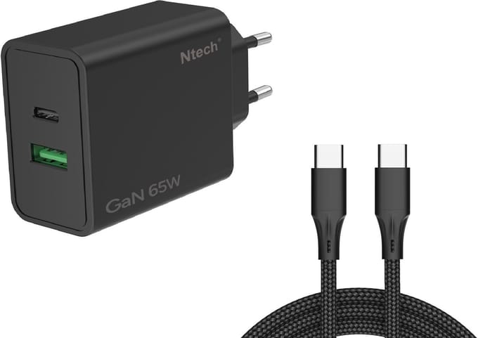 Ntech - USB C Adapter 65W & USB-A 18W - USB C Oplader Zwart - Inclusief USB-C Kabel 1 Meter - USB C Snellader - USB C Lader - Universeel o.a. Telefoons & Laptops