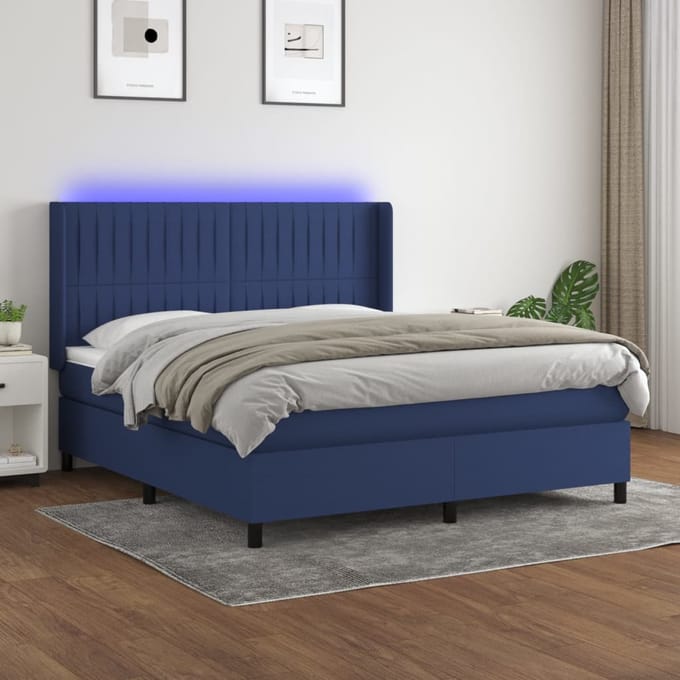 vidaXL - Boxspring - met - matras - en - LED - stof - blauw - 160x200 - cm