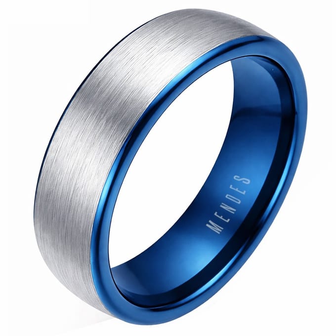 Wolfraam ring geborsteld zilverkleurig met Blauw 6mm-20mm