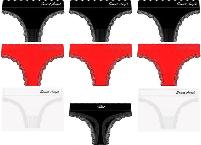Sweet Angel – 8 stuks Dames Strings met Kant – One Size (S-M) – Zwart, Rood en Wit