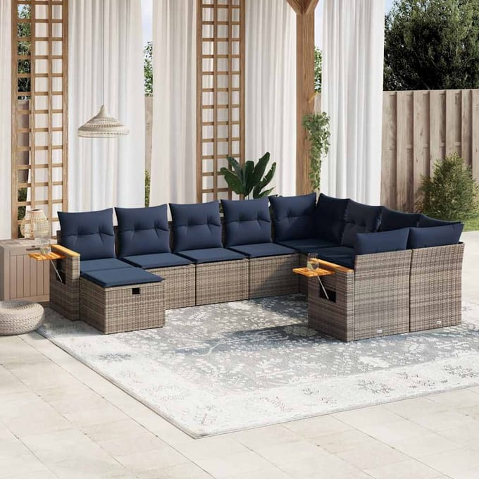 vidaXL - 10-delige - Loungeset - met - kussens - poly - rattan - grijs