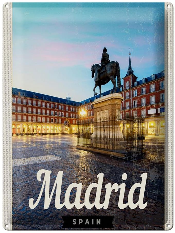 Blechschild Reise 30x40cm Madrid Spain Stadt Sonnenuntergang