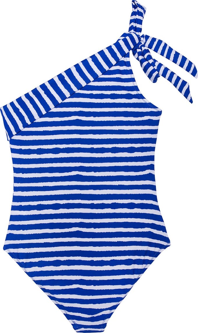 Badpak met een schouder kobalt blauw strepen 116-122