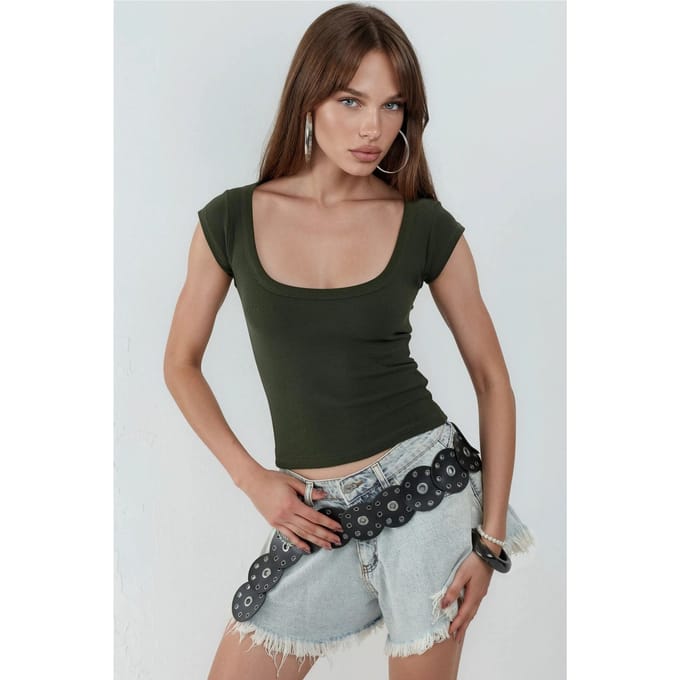 Slim Fit Ribbel U-Hals Blouse