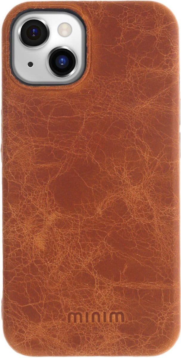 Minim Apple iPhone 14 Plus Hoesje Echt Leer Back Cover Cognac