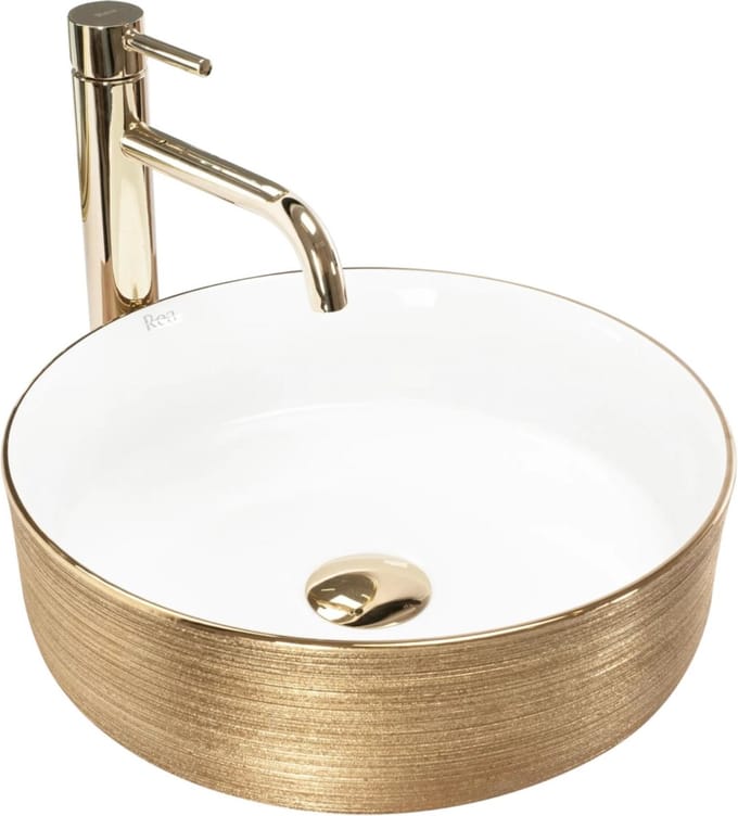 Rea Sami White Brush Gold Opzetwastafel Wit En Goud 36x36 cm