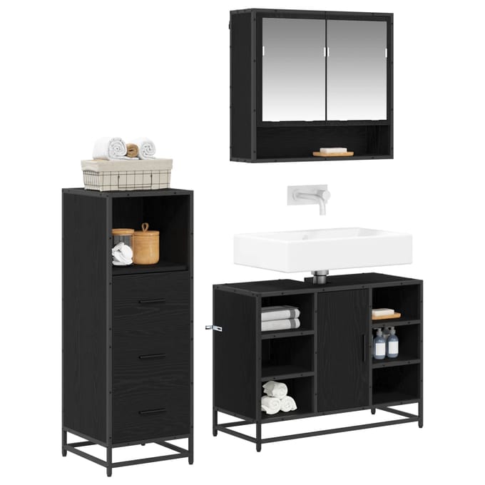 vidaXL - Badkamermeubel - Set - 3 - st - Zwart - Eiken - Bewerkt - hout