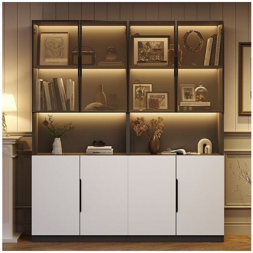 Merax Vitrinekast met 8 deuren - 160 x 30 x 200 cm - LED's - Spaanplaat en glas - Wit