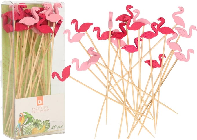 Excellent Houseware Cocktail/tapas prikkers - flamingos - 60x stuks - bamboo - 12 cm
