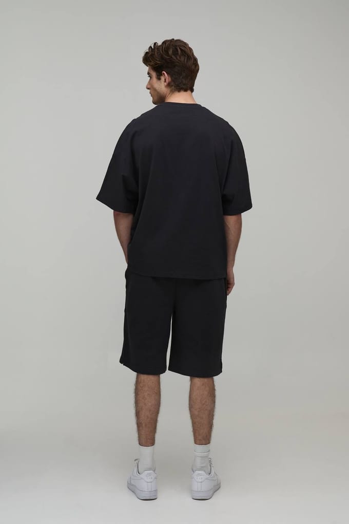 Oversized Panelled Man Embroidered T-Shirt and Short Set | Charcoal | Size Medium