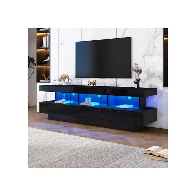 Support TV - MUVOE - Noir brillant - 3 étagères en verre - Éclairage LED - Contrôle Bluetooth