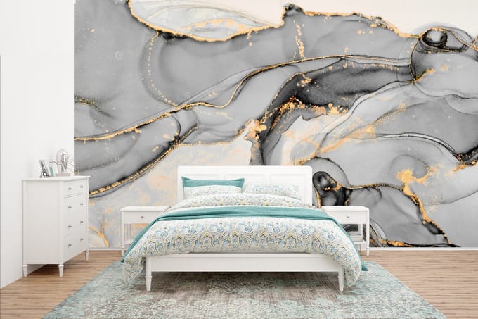 Behang - Fotobehang Marmer - Goud - Grijs - Breedte 435 cm x hoogte 260 cm
