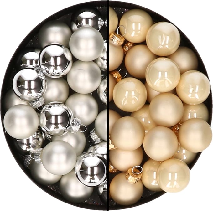 Mini kerstballen - 48x st - zilver en champagne - 2,5 cm - glas - kerstversiering