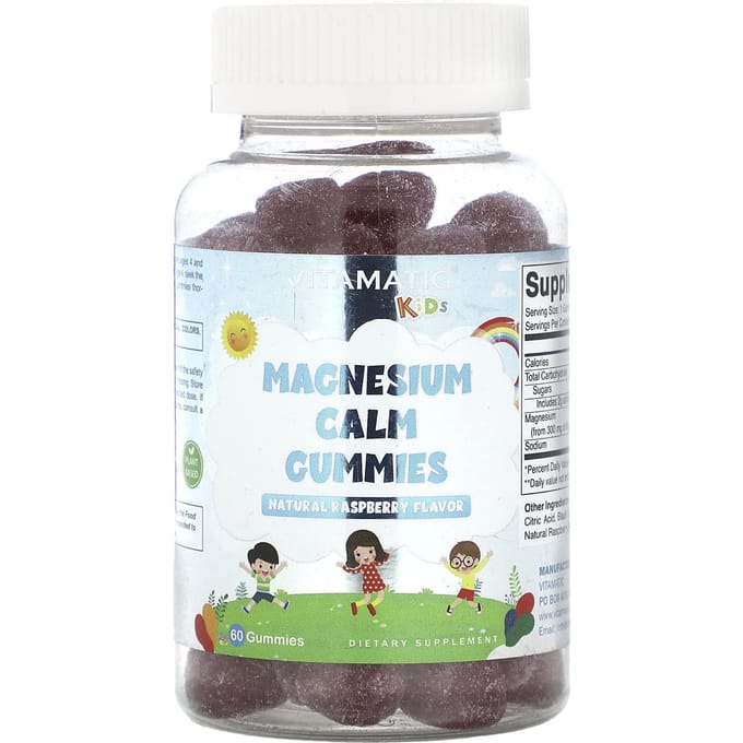 Vitamatic, kinder, magnesium kalmerende gummies, natuurlijke framboos, 60 gummies
