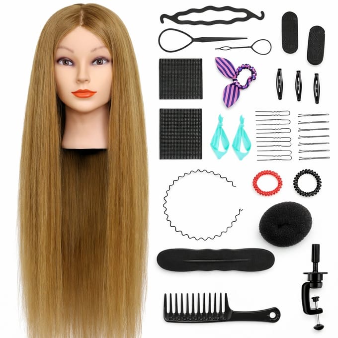 Kappershoofd Oefenhoofd 90% Echt Haar met Statief Kaphoofd Kapperspop Kappers Pop - Incl. Styling Accessoires - Goud Bruin Haar - 65 cm