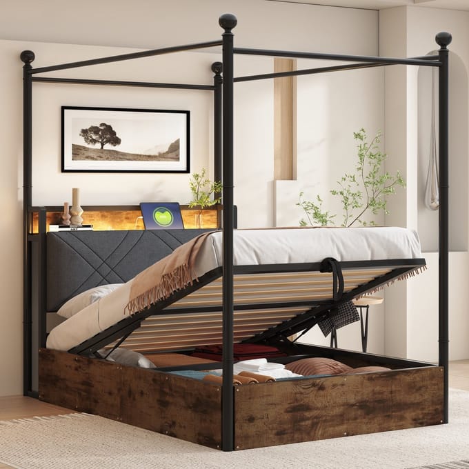 Sweiko Hemelbed - 90 x 190 cm - LED-verlichting - USB/Type-C - Opslagruimte - Bruin