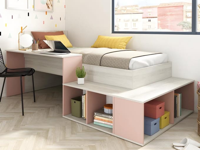 Vente-unique Combinatiebed hout roze, natuurlijk licht 90 x 200 cm