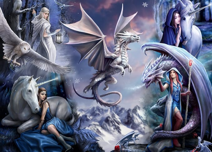 Bluebird Puzzle legpuzzel Anne Stokes Silver Dragon Collage 1500 stukjes.