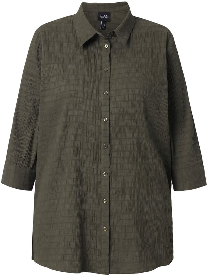 Ulla Popken - Dames - Blouse bubble-kwaliteit overhemdkraag 3/4-mouwen - Olijfgrijs - Maat 42+