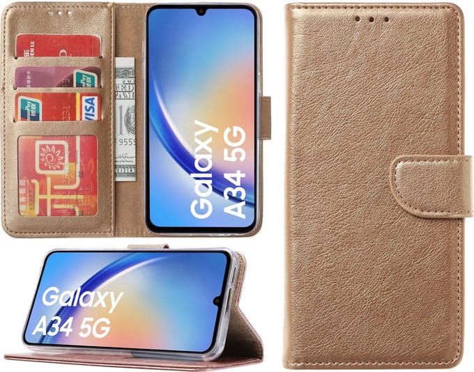 Samsung Galaxy A34 hoesje - Bookcase met pasjeshouder - Goud
