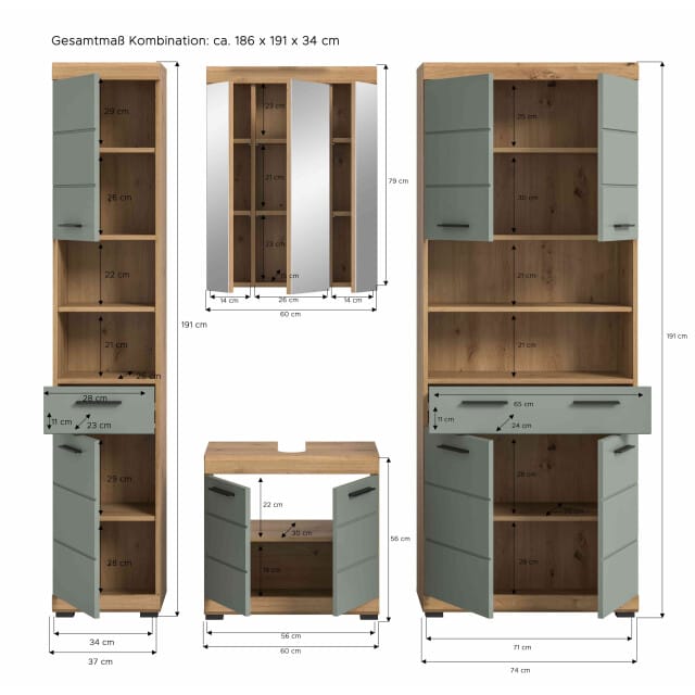 Scout badkamercombinatie salie MDF TZ Artisan eiken NB - 34x186x191cm