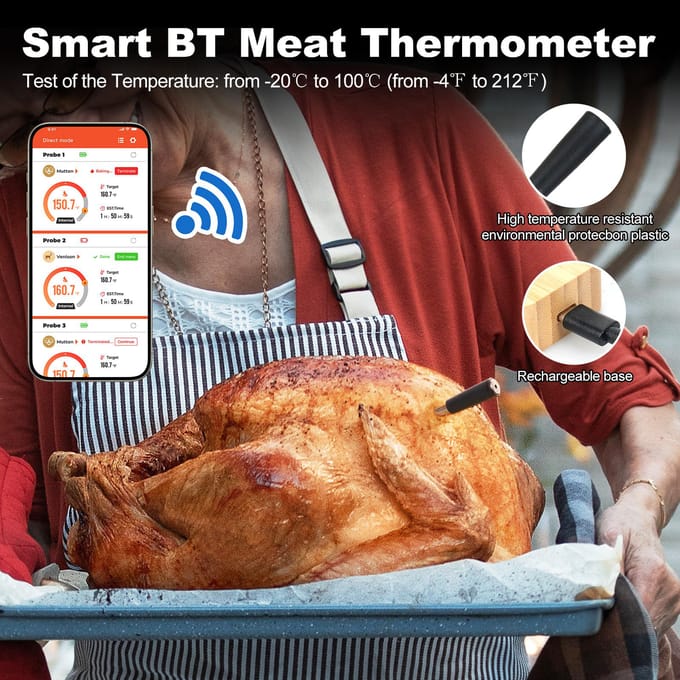 Vleesthermometer met BT 164ft Draadloze Thermometer Slimme Voedselthermometer Temperatuurmeter met bruin