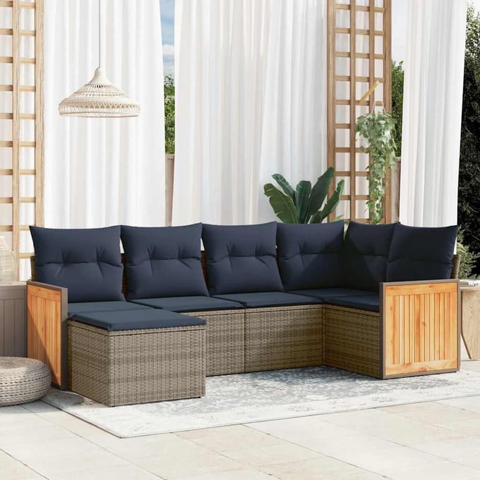 vidaXL - 6-delige - tuinbankset - met - kussens, - grijs - polyrotan