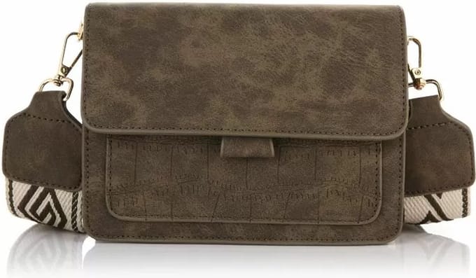 Leuk klein schoudertasje met snakeprint en geweven schouderriem, groen - Michelle