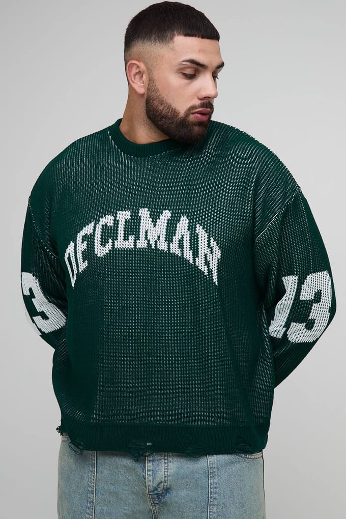 Plus Ribbed Knit Oversized Distressed Varsity Jumper | Forest | Size 2XL