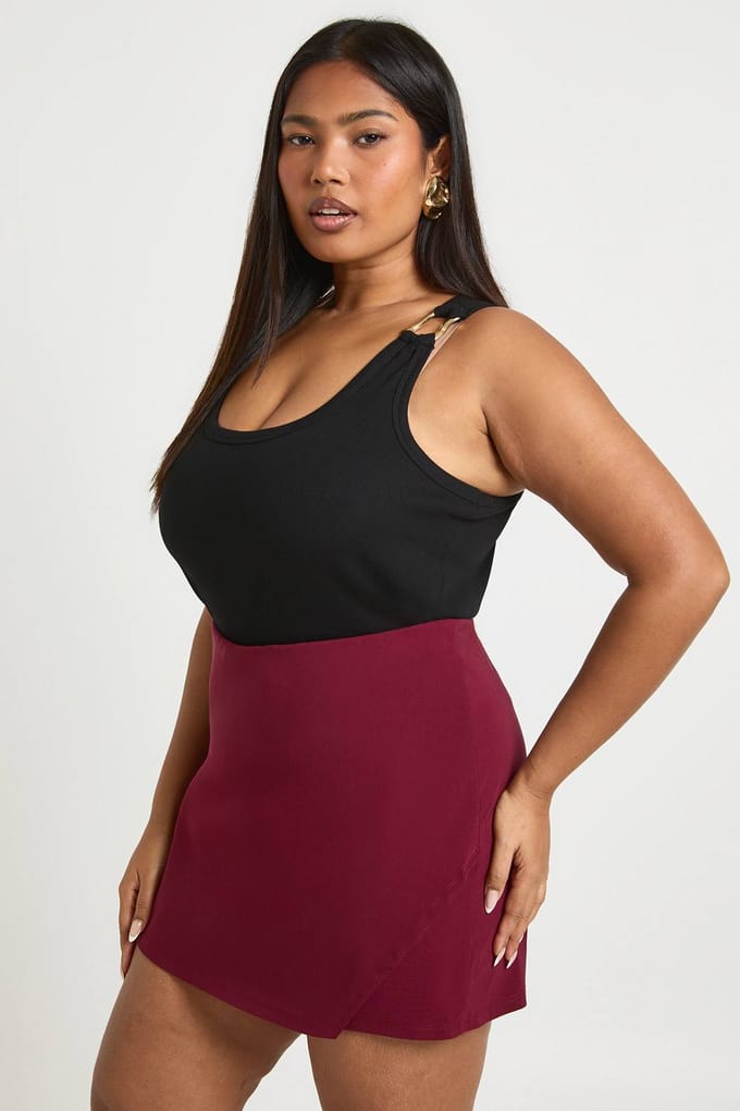 boohoo Dames Plus Bengaline Wikkelskort | Wijn | Maat: 48