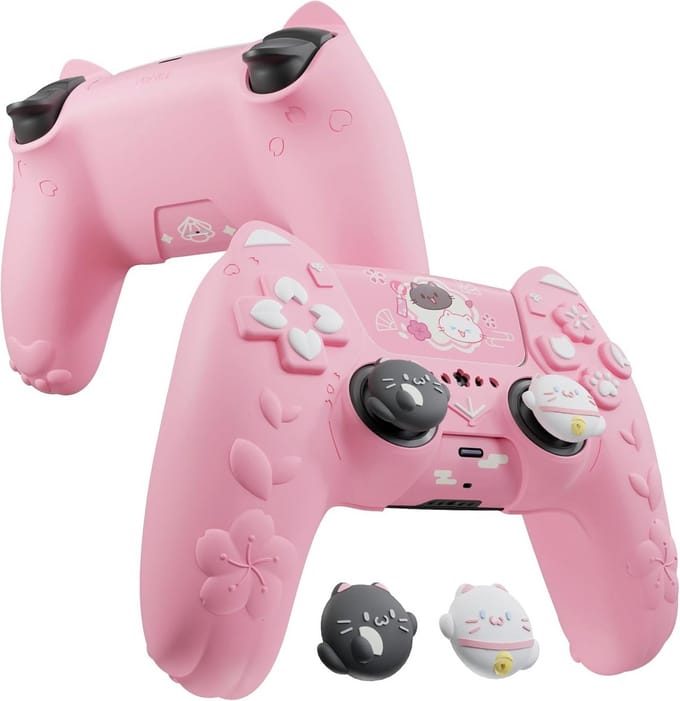 Siliconen Controller Cover met Joysticks & Stickers voor PS5 - Antislip Beschermhoes Roze Katten Design