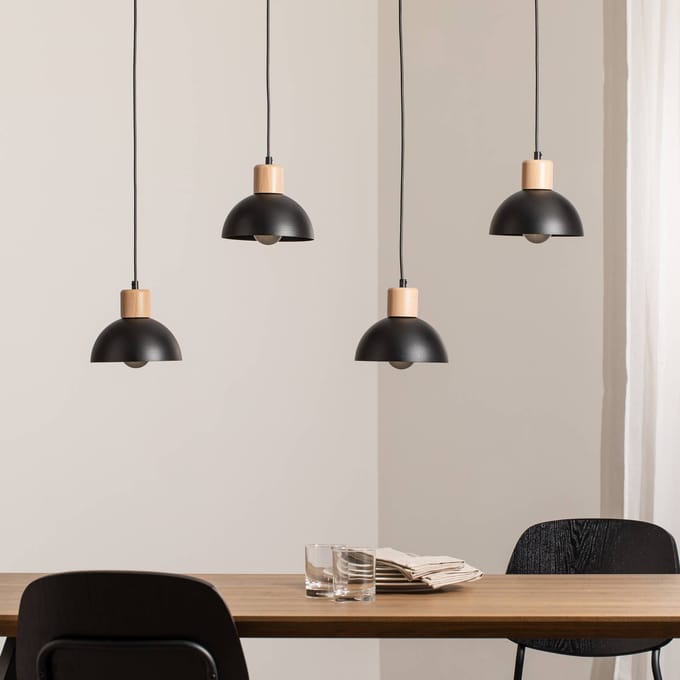 EMIBIG LIGHTING Seco hanglamp, lengte 90 cm, zwart, metaal/hout, 4-lamps.