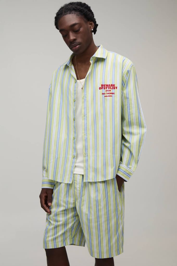 Gestreept Poplin Gebogen Zoom Geborduurd Oversized Lange Mouw Shirt & Baggy Short Set | Green | Size Medium