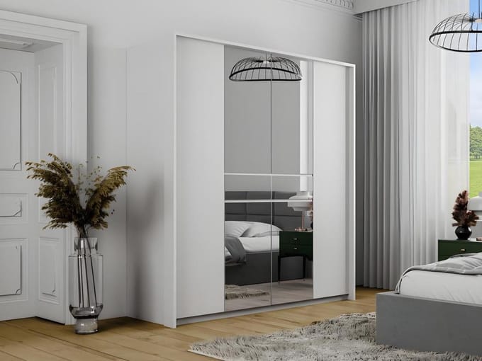 Vente-unique Kast met 6 deuren en 1 lade - met spiegel en leds - L. 200 cm - Wit - ZADIA