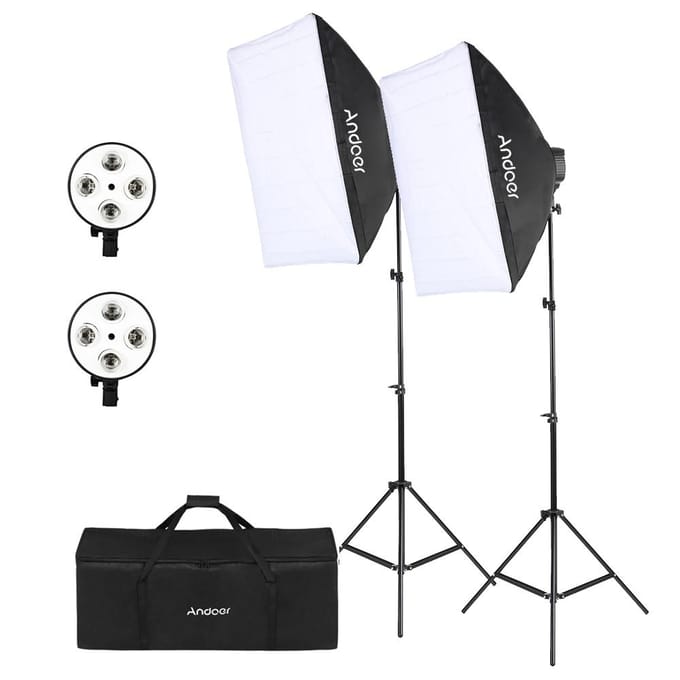 Andoer Studio Fotografie Kit Softbox Verlichtingsset met 50x70cm Softbox * 2 + 4in1 Lampfitting * 2 EU Plug white