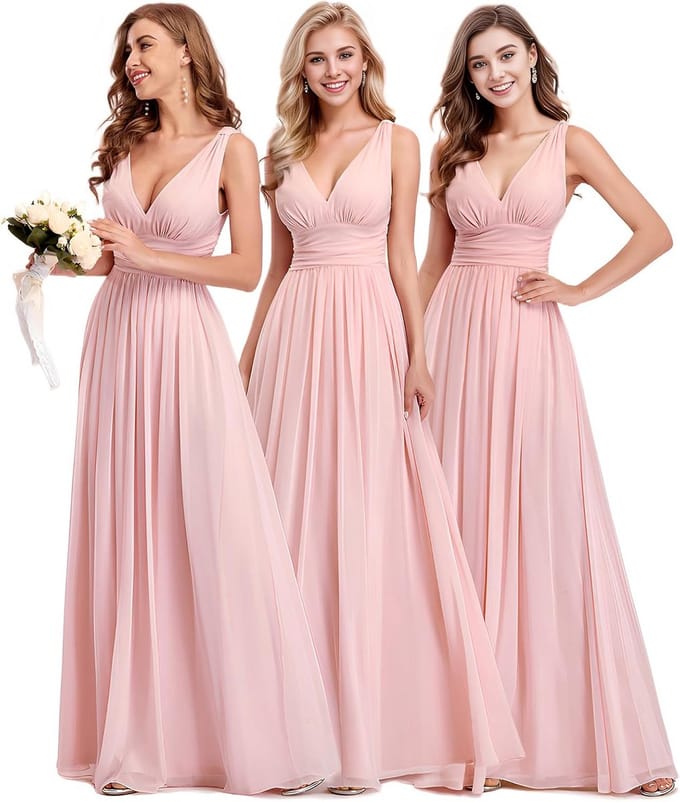 Lange chiffon avondjurk met dubbele V-hals en empire taille