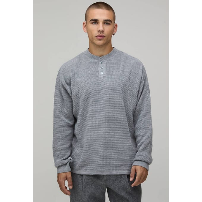 Essential Relaxed Fit Henley Waffle Knitted T-Shirt | Grey | Size Medium