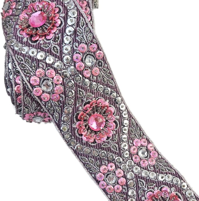 BamBella ® - Sier ling - 1 meter - 6cm breed - roze paars met steentjes pailletten
