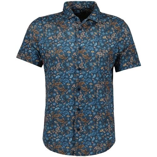 Ragman Overhemd Soft Knit Jersey Floral Easy Care Blauw-Multi / male