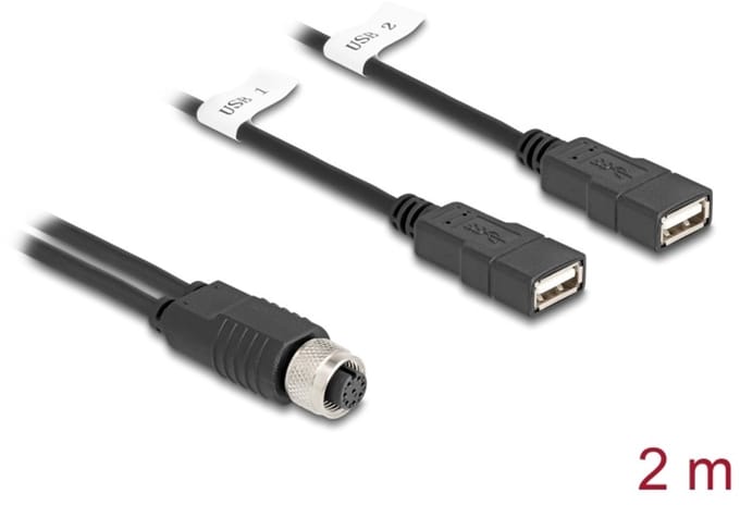 Delock M12 Cable A-coded 8 pin female to 2 x USB 2.0 Type-A female 2 m black
