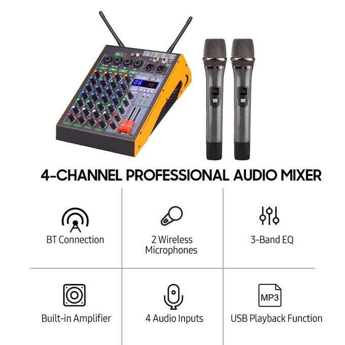 Professionele 4-kanaals BT-audiomixer met 2 draadloze microfoons LED digitale mengconsole US Plug zwart