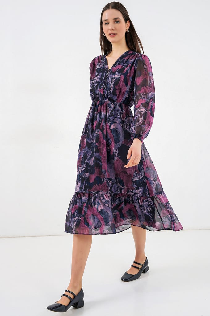 V-hals Midi-jurk met knoopsluiting