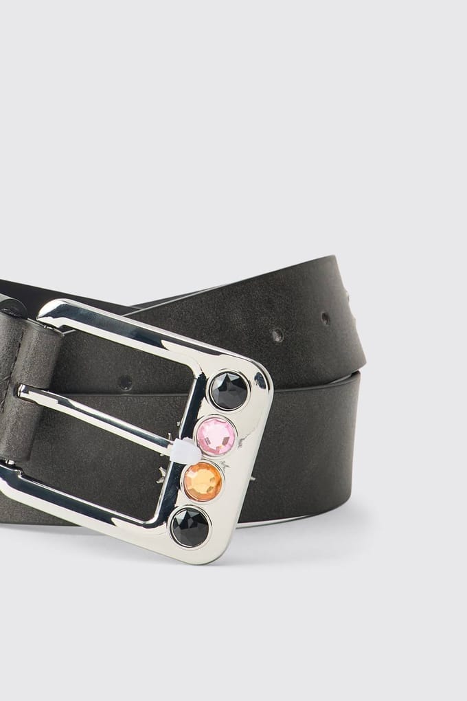 PU Belt with Multi-Color Gem Buckle | Black | Size XL