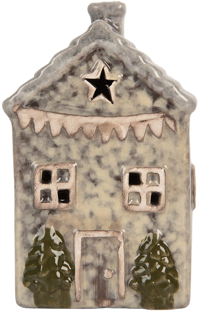 Clayre & Eef Decoratie Huis met LED LED 6x6x11 cm Grijs Keramiek