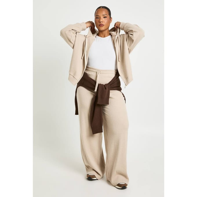 boohoo Dames Plus Gebreide Rib Jogger met Wijde Pijp | Steen | Maat: 48