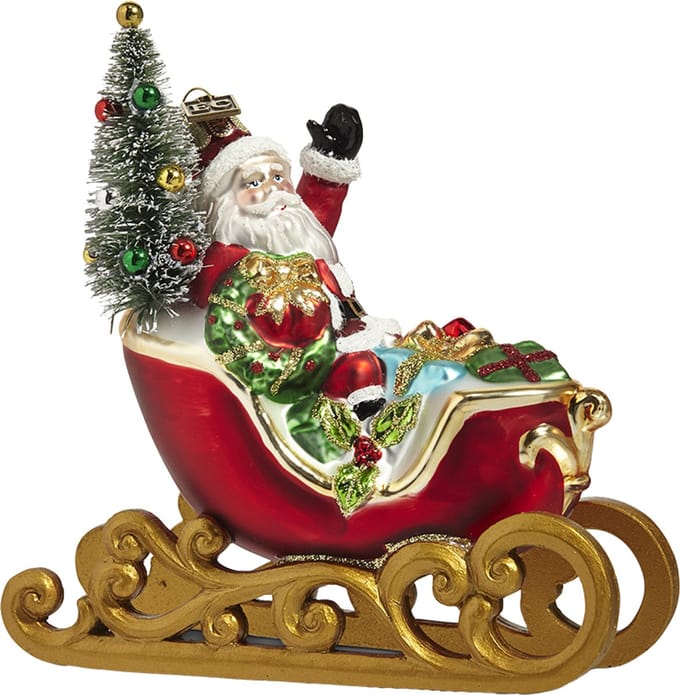 Viv! Christmas Kerstornament - Slee met Kerstman en Cadeaus - glas - rood - 13cm