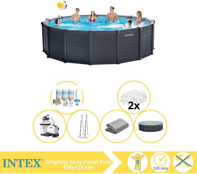 Intex Graphite Gray Panel Zwembad - Opzetzwembad - 478x124 cm - Inclusief Onderhoudspakket en Filterbollen