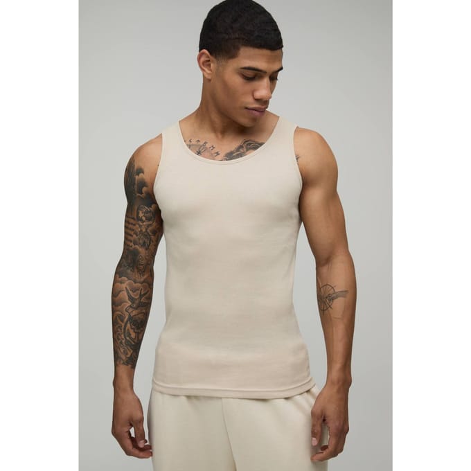 Essential Muscle Fit Ribbed Vest | Stone | Size Large
