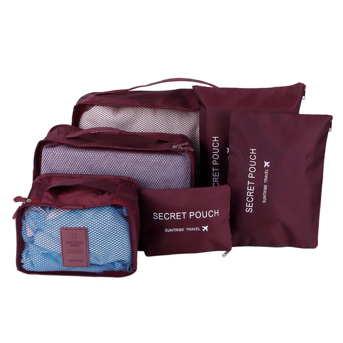 6-delige Set Opbergtas Kleding Sorteertas Koffer Pak Organizer voor Reizen wijnrode kleur
