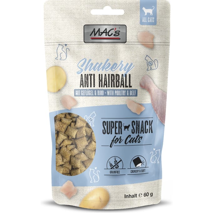 3x 60g MAC's Cat Shakery Snack Anti-haarbal met kip & rundvlees